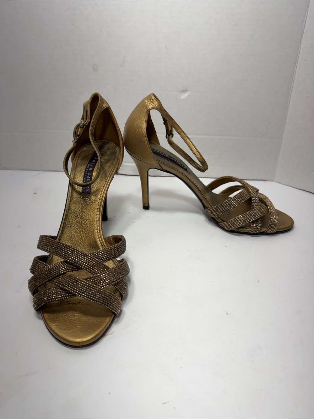 Ralph Lauren purple label ,Gold Strappy High Heel Sandals - Women size 9B